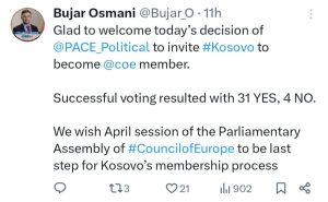 Kryediplomati Osmani përshëndet ftesën e Këshillit të Europës për Kosovën